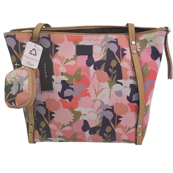 Tahari Mackenzie Vegan Leather Zipper Close Floral Butterfly Tote Bag Purse NWT - Picture 1 of 15